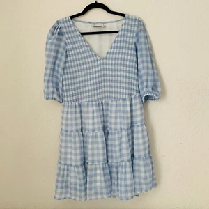 ASOS Dress 8 Pastel Blue Gingham Plaid Smocked Puff Ruffle Tiered Cottagecore - Picture 1 of 11