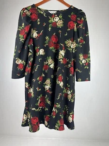 Miss Selfridge Ladies Black Roses Floral Dress Size 14 Short Midi Stretchy Cute - Picture 1 of 12