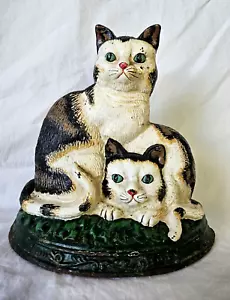 Antique Vintage Hand Painted Cast Iron Cats Self Standing Doorstop - Picture 1 of 10