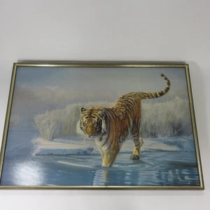 Large Print Frame Tiger on Water with Ice Multicoloured Preloved - Picture 1 of 16