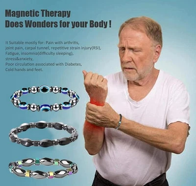 Pulseras magnéticas de piedra hematita 3 piezas pérdida de peso curación alivio del dolor mujeres hombres Foto 1 de 4