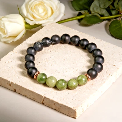 Natural Nephrite Jade & Black Onyx 8mm Beaded Bracelet Healing Gift for Women - Image 1 of 4
