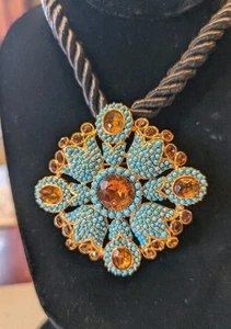 Kenneth Lane large turquoise Topaz cabochon Maltese cross Necklace usa - Picture 1 of 4