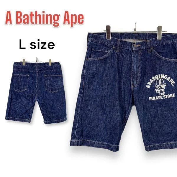 USED [RARE] APE PIRATE STORE LOGO HALF DENIM JEANS, SIZE L, MADE IN JAPAN GOOD - Image 1 of 4