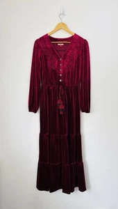 Joe Browns Maxi Dress Size 10 Burgundy Red Velvet Embroidered Tiered Boho V Neck - Picture 1 of 10