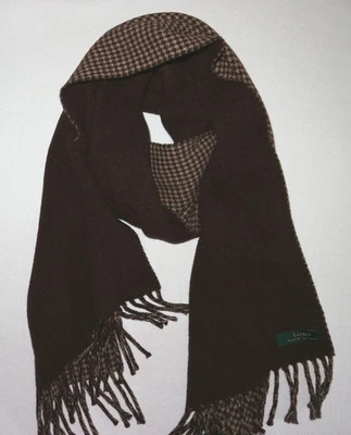 Шарф LAUREN RALPH LAUREN коричневый в елочку/однотонный из овечьей шерсти 20 X 70 EXC - Изображение 1 из 4