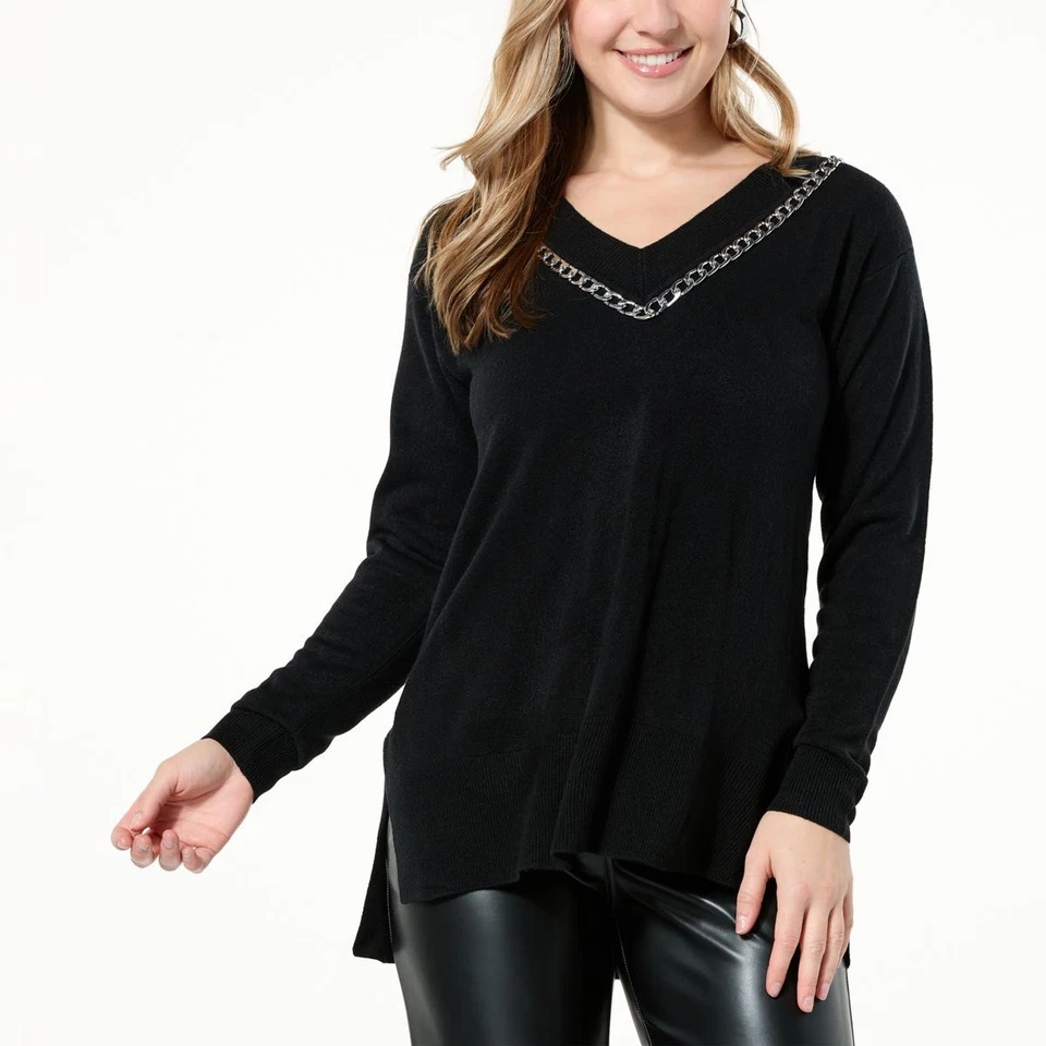 Suéter DG2 by Diane Gilman Lux Touch Tejido Ribete de Cadena Cuello en V Negro S Nuevo Foto 1 de 1