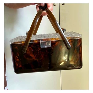 Vintage Merle Norman Crystal-and-Tortoise-Look Evening Purse Case/ Top handle  - Picture 1 of 10