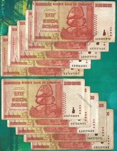 10 x 50 Billion Dollars Zimbabwe Banknotes AA AB 2008 Authentic Currency w/ COA - Picture 1 of 4