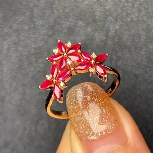 3Ct Marquise Lab-Created Ruby 3 Flower Engagement Band 14k Rose Gold Plated - Picture 1 of 5