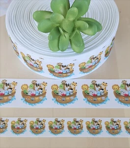 7/8 & 1,5 Zoll (1 YD) Noahs Arche Ripsband zwei von zwei Giraffen Elefant Löwe - Bild 1 von 2
