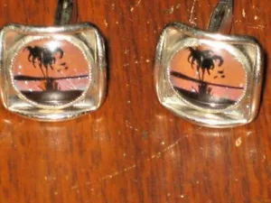 Vtg Square Dome Palm Tree Lucite Brass Gold Tone MEN'S Jewelry Cuff Links - Picture 1 of 4