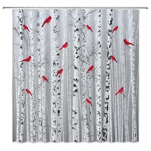 Birch Tree Shower Curtain Foggy Birch Forest Trunk Red Birds on Branches Leaf... - Picture 1 of 7