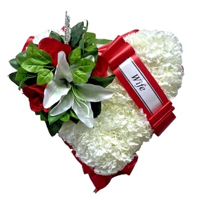 Artificial Funeral Flower Heart Tribute Wife – Red & White Memorial Arrangement - Picture 1 of 10