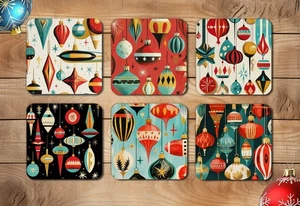 Christmas Retro Drink Coasters Set Of Six Neoprene Square Or Round - Picture 1 of 11