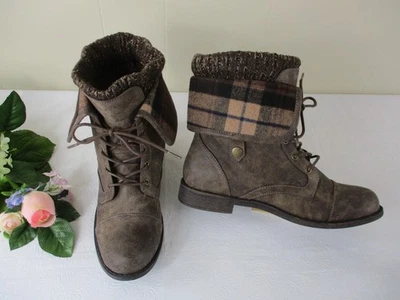 NEW JustFab 9 Brown Elenora Lace-up Combat Boots w Plaid Fold-Down & Knit Cuff - Image 1 of 4