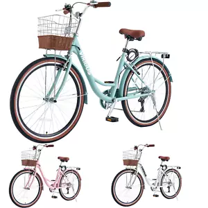 VIRIBUS 7-Speed Beach Cruiser Comfort Bike Pink for Women City Bicycle w/Basket - Picture 1 of 18