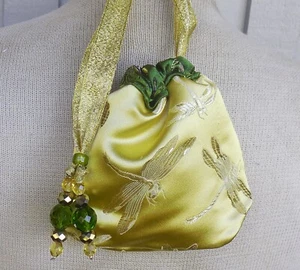 Reversible Olive Green, Gold Dragonfly Brocade Drawstring Pouch Wristlet Purse - Picture 1 of 9