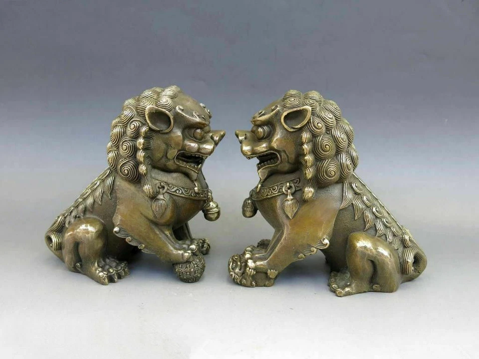 Chinese Brass Copper Animal Feng shui Foo Dog Lion town house Statue pair - Image 1 of 4