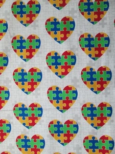 PUZZLE GAME PIECES AUTISM AWARENESS HEARTS INLAYS COTTON FABRIC FQ - Picture 1 of 12