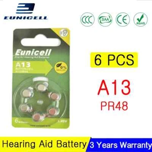 A13 / PR48 HEARING AID BATTERIES EUNICELL 6 PIECES 1.45V 0% Hg HIGH QUALITY - Picture 1 of 1