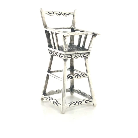Vintage Signed Sterling Silver Carve Ornate Baby High Chair Figure Miniature Cover