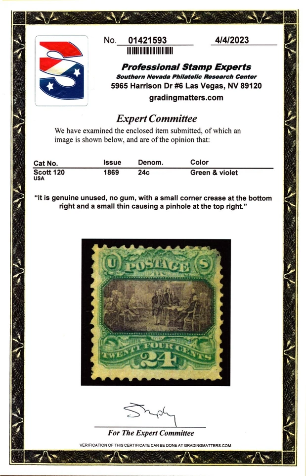 US Scott #120 24c 'Declaration of Independence' Stamp. MNG. PSE Cert. CV $2700 - Image 1 of 3