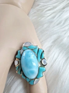 Ed Lohman Designer Sterling Silver Larimar Mother of Pearl Ring Size 9.5 - Picture 1 of 9