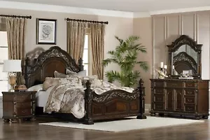 Classic 4PC Antique Espresso King Queen Poster Bedroom Set Traditional B/D/M/N - Picture 1 of 13