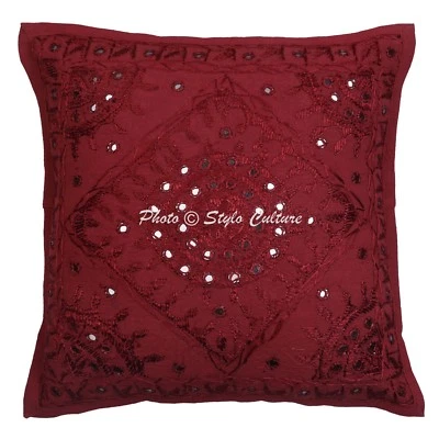 Bohemian Embroidered Cotton Cushion Cover Indian Decorative Mirrored Pillow Case - Image 1 of 4