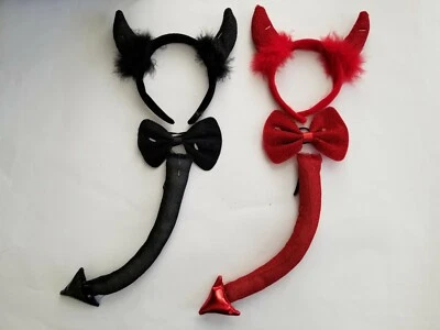 3 件装 Red/ Black Devil Horns Tail & Bow 领带服装套装有趣万圣节装扮套装 — 第 1/4 张图片