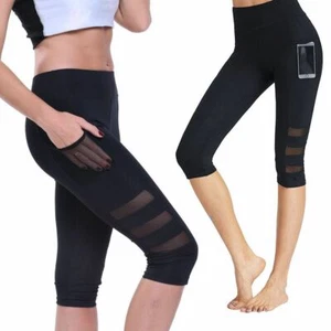 Womens Capri Yoga Workout Running Gym Sport Pants Leggings Fitness Mesh S/M/L/XL - Picture 1 of 12
