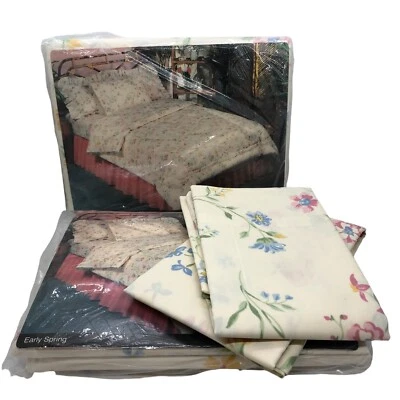 Vtg NEW JC Penney Full Sheet Set W/pillow Covers Early Spring Blue Pink Shabby - Image 1 of 4