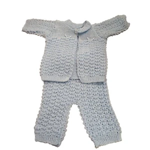 Handgefertigtes Baby Strick Pullover Hose Set 0-3 Monate hellblau Kleinkind Dusche Geschenk - Bild 1 von 9