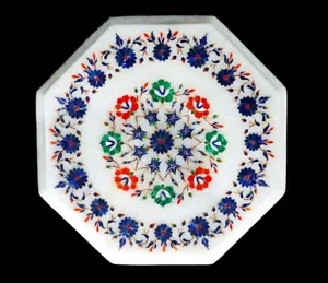 12" Marble corner side semi precious stone Inlaid table top handmade - Picture 1 of 3