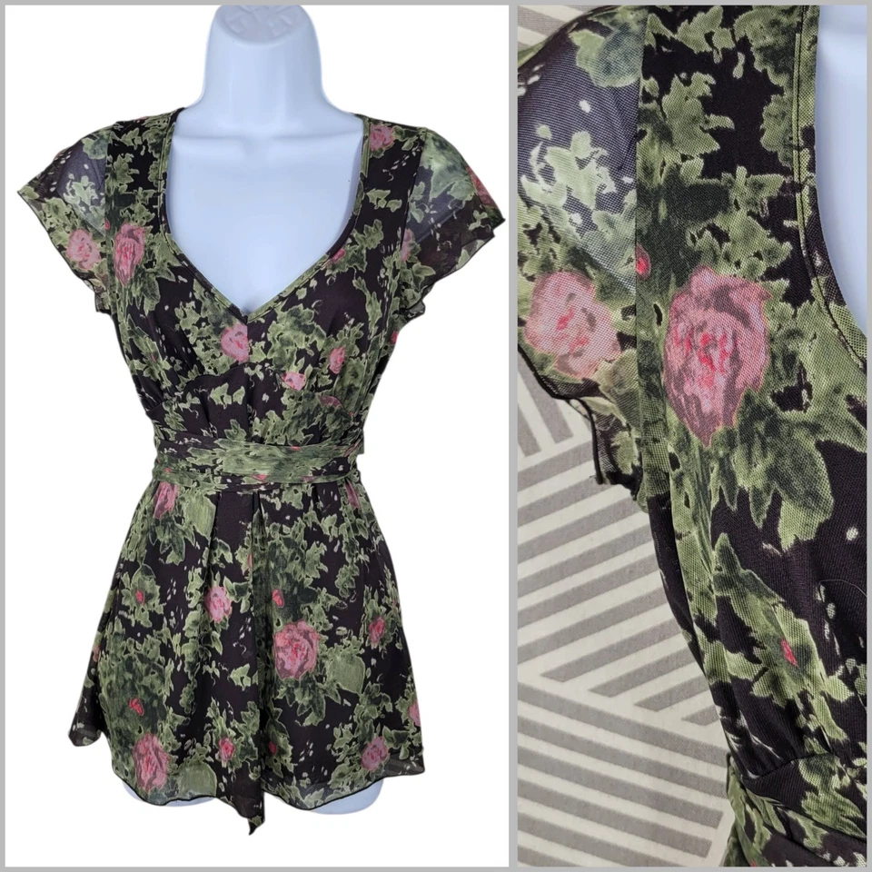 Vintage DKNY Top Blouse Floral Mesh Size XS Chiffon semi sheer alt Tie Waist  - Image 1 of 4