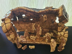 Belén de madera de olivo tallado en madera de olivo Sagrada Familia conjunto firmado por Israel 19" - Imagen 1 de 18