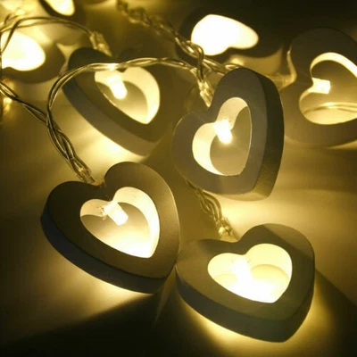 Wedding Wooden Party Lights Battery 10 LED Fairy String Hanging Decor Lamp Heart - Image 1 of 4