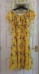 Pretty Yellow Blue Floral Floaty Summer Lined Midi Dress 👗 12 14 M L - Picture 1 of 6