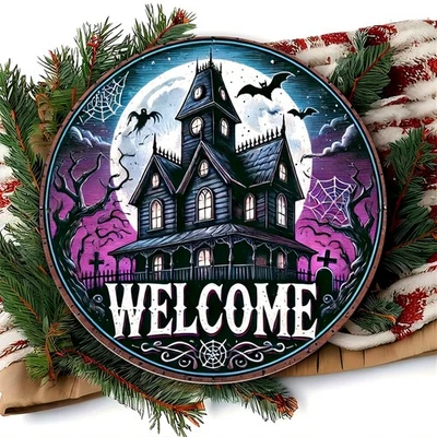 Letrero de metal de hojalata Halloween bienvenida redondo hierro corona centro de mesa 8X8 Foto 1 de 4