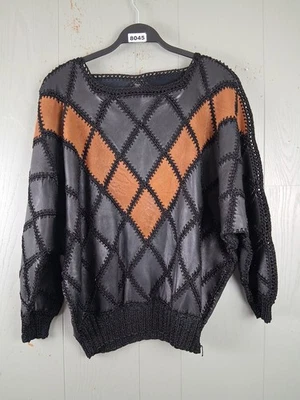 Top de ganchillo Argyle de cuero vintage años 70 para mujer OS Whimsigoth retazos arlequín Foto 1 de 4