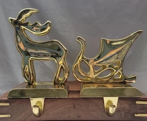 Vintage Solid Brass Grandeur Noel Christmas Reindeer Sleigh Stocking Hanger Set - Picture 1 of 7