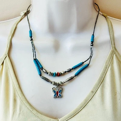 VTG Butterfly Western Collar Necklace Liquid Silver turquoise Beads Multi 18"L - Image 1 of 4