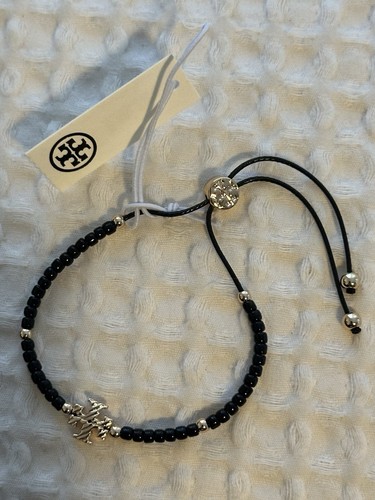 AUTENTICO BRACCIALE TORY BURCH NERO CORDA TESTURIZZATA LOGO SLIDER NUOVO CON CUSTODIA