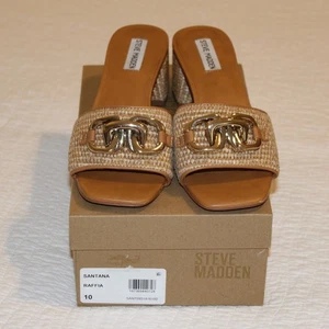Steve Madden Size 10 Santana Raffia Block Heel Slide Sandals Metal Embellishment - Picture 1 of 13