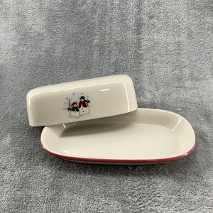 Vintage Christmas Butter Dish Snowman Stoneware Cottage Farmhouse Boho Retro - Picture 1 of 12