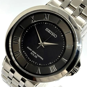 SEIKO SADT003 Radio Solar Black Silver Analog Men's Wristwatch Working Item - Picture 1 of 10