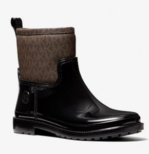 NIB Authentic MICHAEL KORS Women's Blakely PVC & Logo Rain Boot Sz 9 Black/Brown - Picture 1 of 12