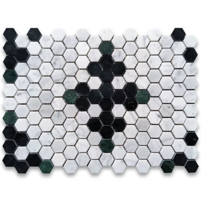 C31F71XP Carrara White Marble Hexagon Starlight Mosaic Tile Black Green - Image 1 of 4