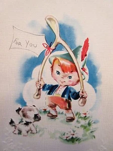 Tarjeta de felicitación vintage Get Well Soon sin usar con niño pequeño y un Wishbone! - Imagen 1 de 4